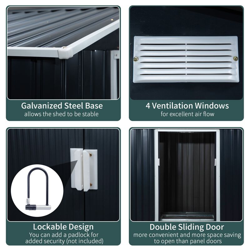 Dark Gray Garden Vault: 9'x6' Metal Storage Shed with Sliding Doors
