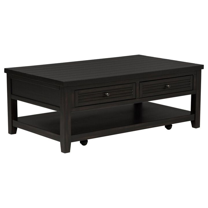 Coni Coffee Table, 2 Drawers, 1 Shelf, Black Wood Frame, 48 Inch - Benzara