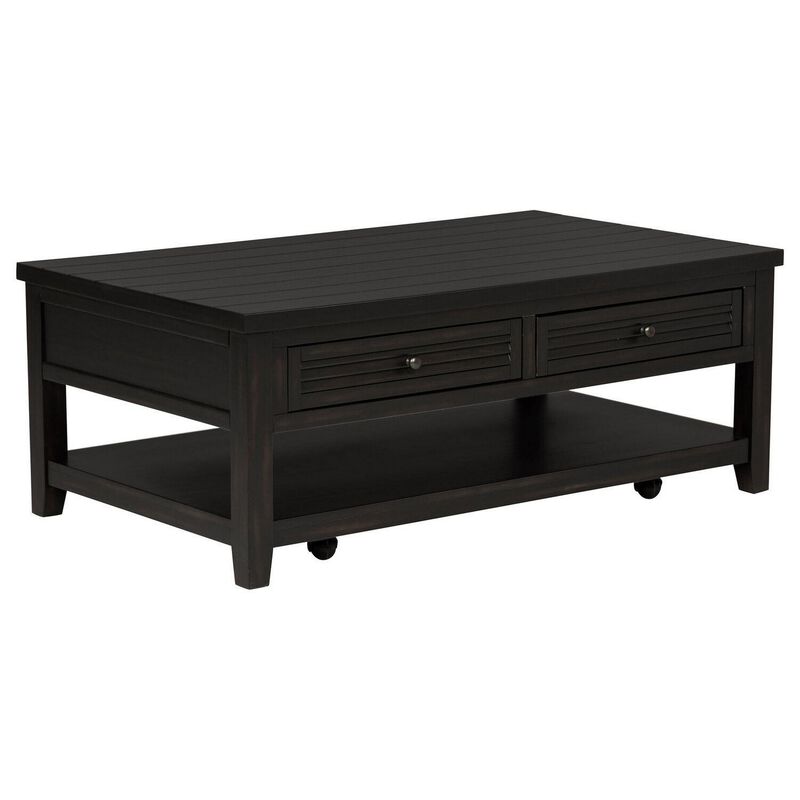 Coni Coffee Table, 2 Drawers, 1 Shelf, Black Wood Frame, 48 Inch - Benzara