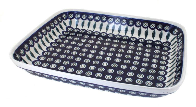 Blue Rose Polish Pottery Peacock Large Rectangular Baker