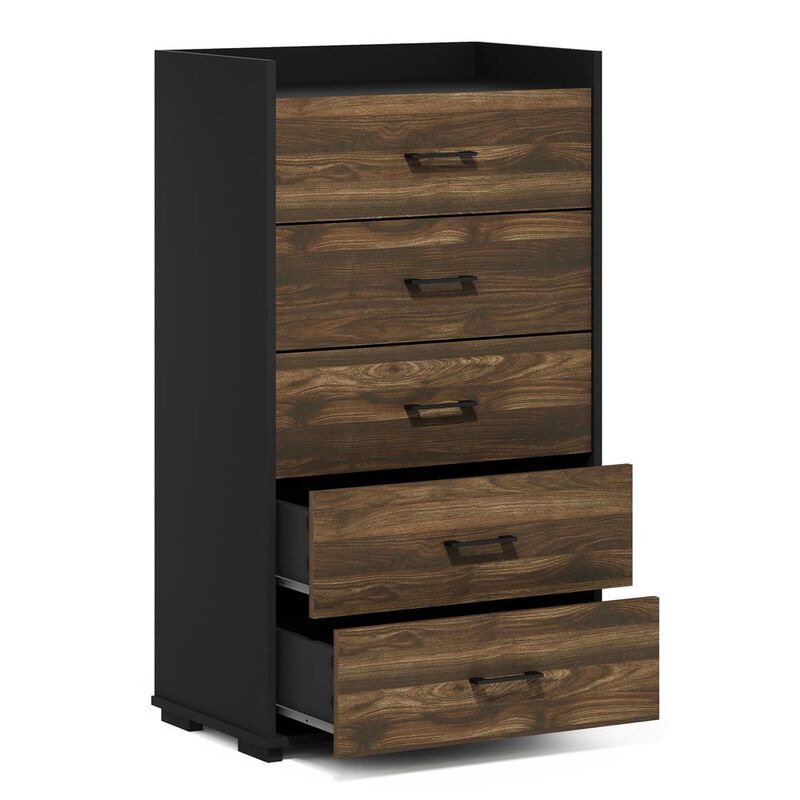 Furinno Tidur Modern Organization and Storage Handle Bedroom 5-Drawer Chest Dresser, Columbia Walnut/Black