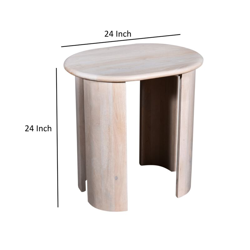 Kipp Side End Table, 24 Inch Rounded Oblong Top, White Solid Mango Wood - Benzara