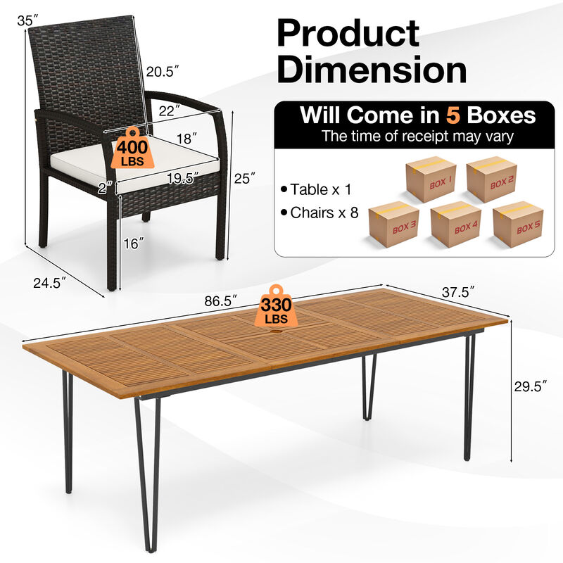 9 Pieces Outdoor Patio Dining Set with Soft Cushions and Square Table