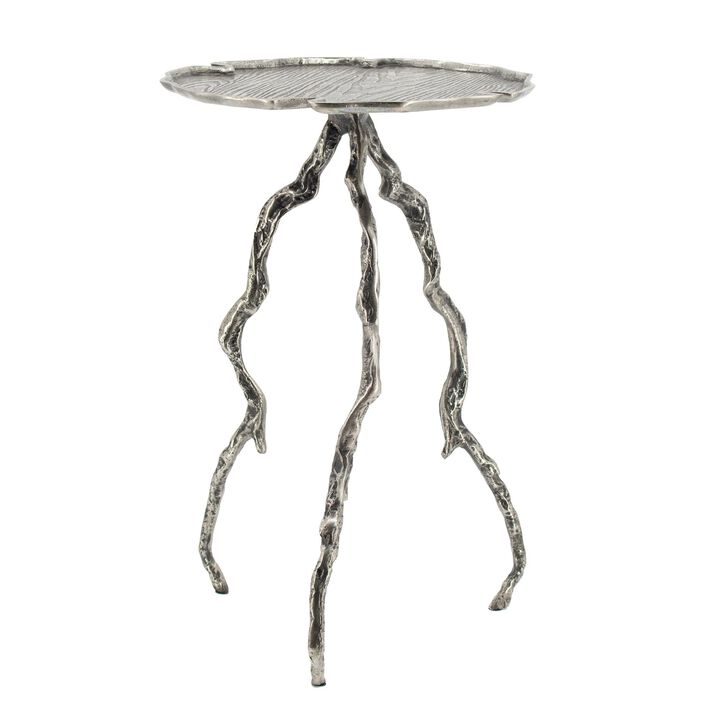 24 Inch Accent Table, Aluminum Metal Branch Tripod Legs, Antique Silver - Benzara
