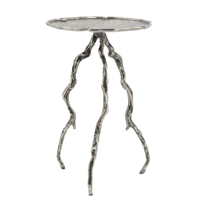 24 Inch Accent Table, Aluminum Metal Branch Tripod Legs, Antique Silver - Benzara
