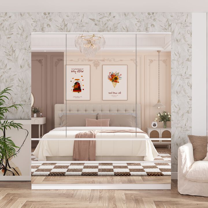 FUFU&GAGA Modern White Armoire with Full-Length Glass Mirrors – Elegant Wardrobe with Ample Storage and Robust Construction, (63" L x 19.7" W x 70.9" H),Silver