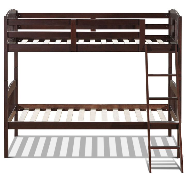 Hardwood Twin Bunk Bed Frames with Inclined Ladder and Safety Guardrails
