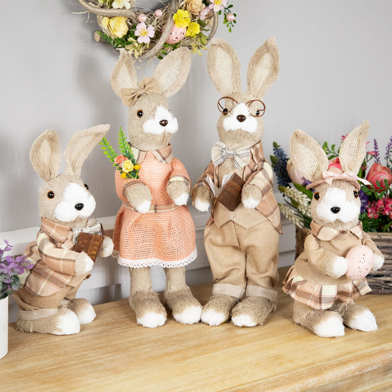 Boy Easter Rabbit Figurine with Plaid Jacket - 12" - Beige