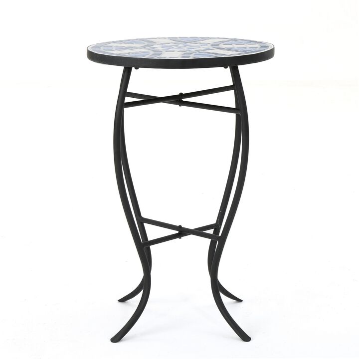 Outdoor Side End Table, 14 Inch Round Blue, White Mosaic Ceramic Top - Benzara