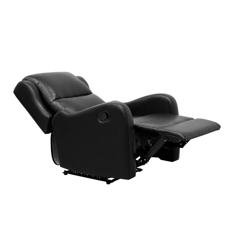 Kim 38 Inch Manual Recliner Chair, Cushioned Black Faux Leather, Solid Wood - Benzara