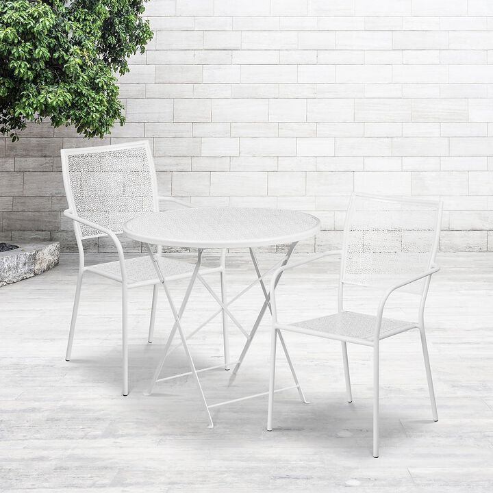 Flash Furniture Commercial Grade 30" Round White Indoor-Outdoor Steel Folding Patio Table Set with 2 Square Back Chairs
