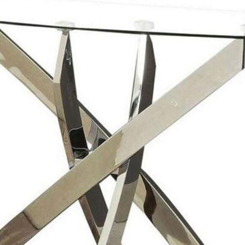 Rectangular Glass Top Sofa Table with Criss Cross Base, Silver and Clear - Benzara