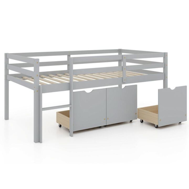 Hivvago Twin Size Low Loft Bed with 3 Drawers with Ladder and Full-length Guardrails