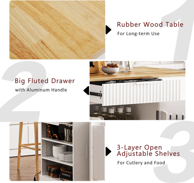Merax Fluted Kitchen Island with Trash Can Storage Cabinet