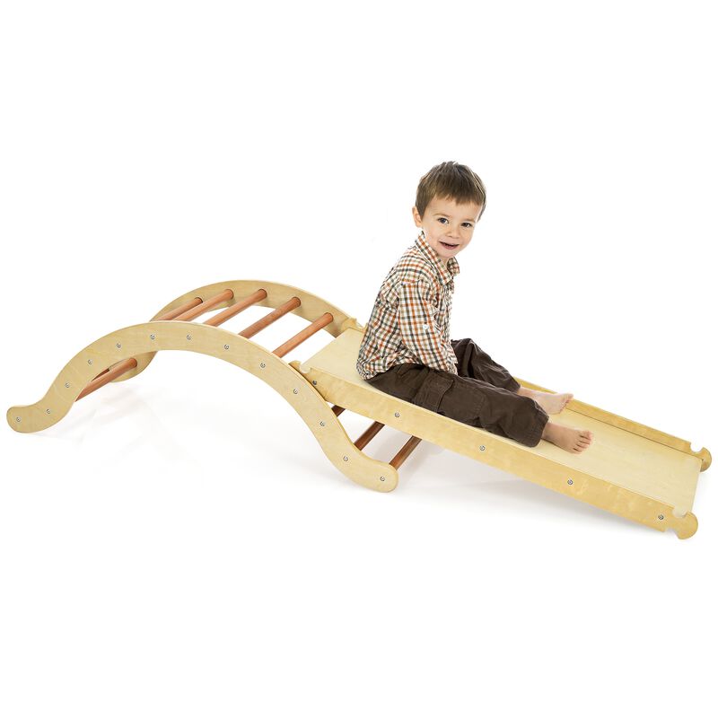 3-in-1 Kids Climber Set Wooden Arch Triangle Rocker with Ramp and Mat