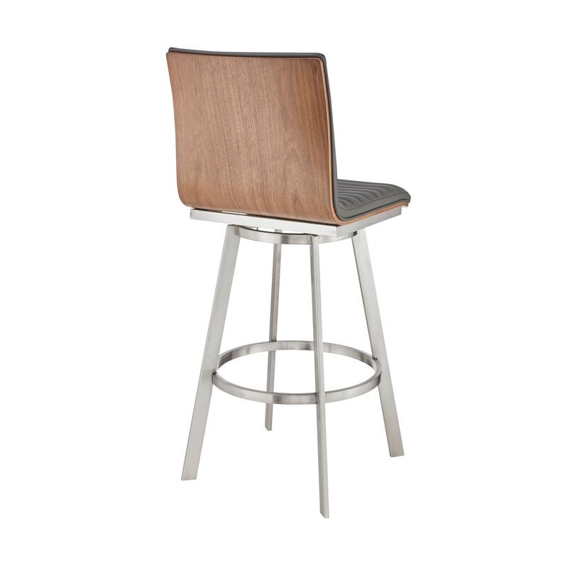 Jermaine Bar Height Swivel Bar Stool in Brushed Stainless Steel Finish and Gray Faux Leather