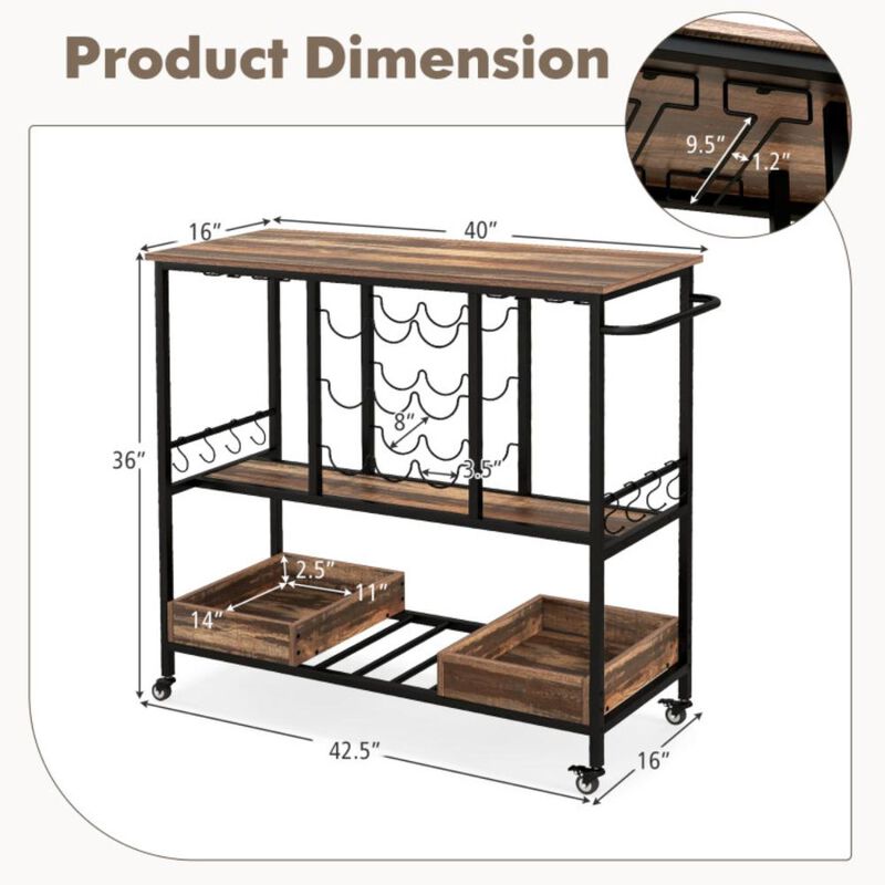 Hivvago 3 Tiers Bar Cart on Wheels with Glass Racks