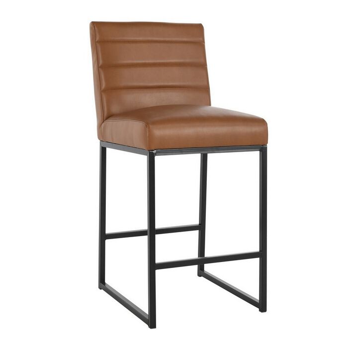 Vinn 26 Inch Modern Counter Stool, Channel Tufted, Brown Vegan Faux Leather - Benzara