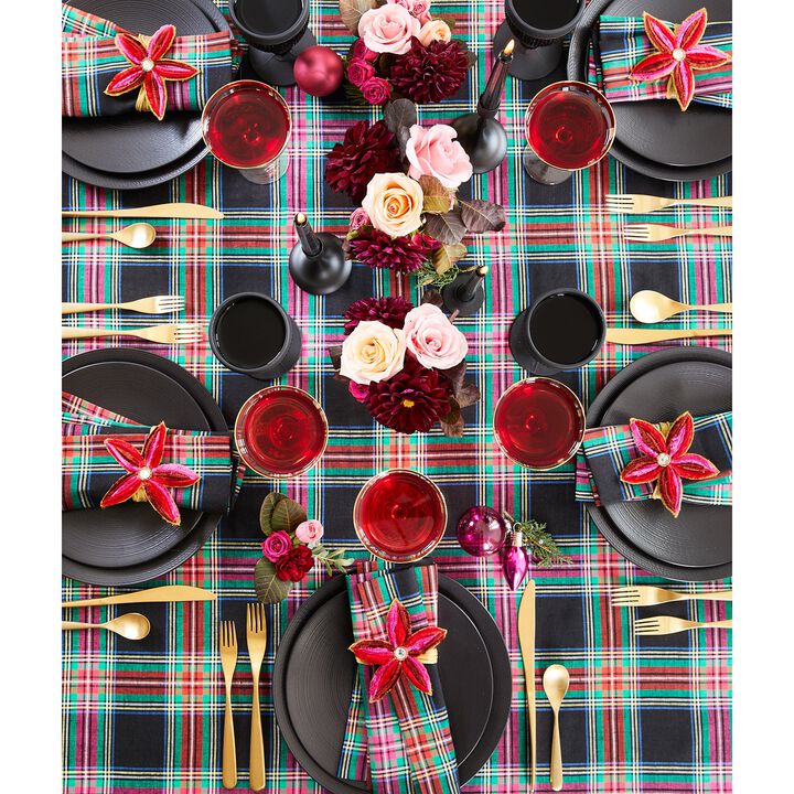 Solino Home Christmas Table Throw 52 x 52 Inch - 100% Pure Linen Black Jewel Plaid Tablecloth