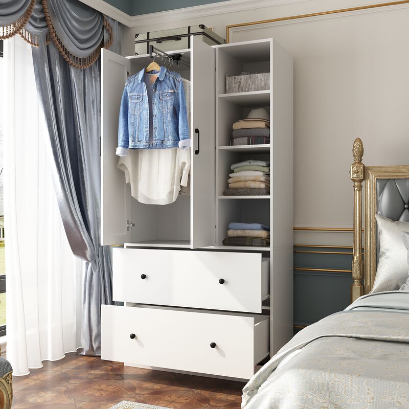 White Wood 35.5 in. W Armoires Wardrobe With Mirror, Pulling Hanging Rod, Drawers, Shelves 15.8 in. D x 70.8 in. H