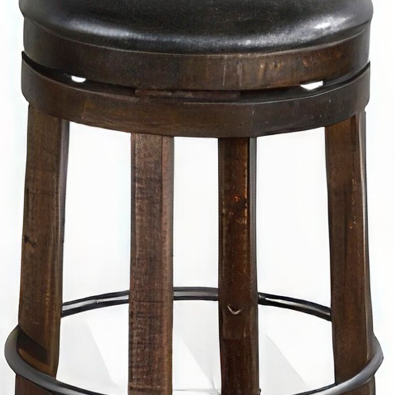 Flint Swivel Counter Stool Set of 2, Black Faux Leather, Dark Brown - Benzara