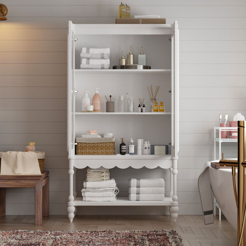FUFU&GAGA Elegant White Bathroom Storage Cabinet – 2 Glass Doors & Open Shelf, Sturdy MDF Bathroom Organizer (34.8" W x 15.7" D x 62.2" H), White