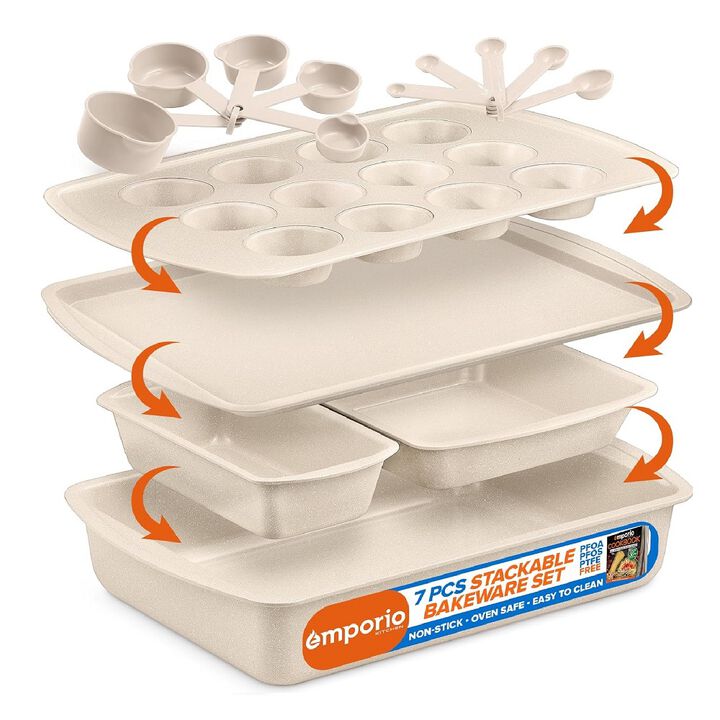Stackable Baking Pan Set - Deluxe Nonstick White Marble Coating, Carbon Steel Bakeware Sets, PFOA, PFOS, PTFE Free, Recipe Booklet Included, Oven Safe (Up to 450°F), Set of 7 - White