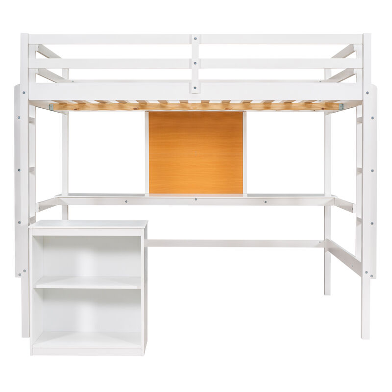 Twin Size Loft Bed With Desk And Writing Board, Wooden Loft Bed With Desk & 2 Drawers Cabinet