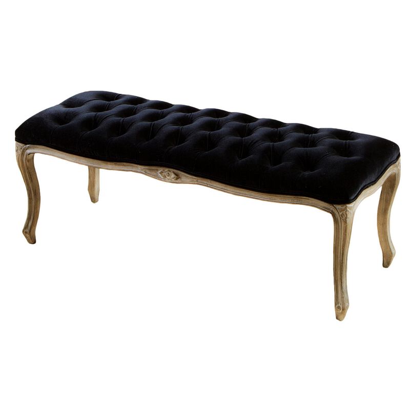 Kopa Bench Footstool, Tufted Black, Brown Wood, Curved Legs, 46 Inch - Benzara