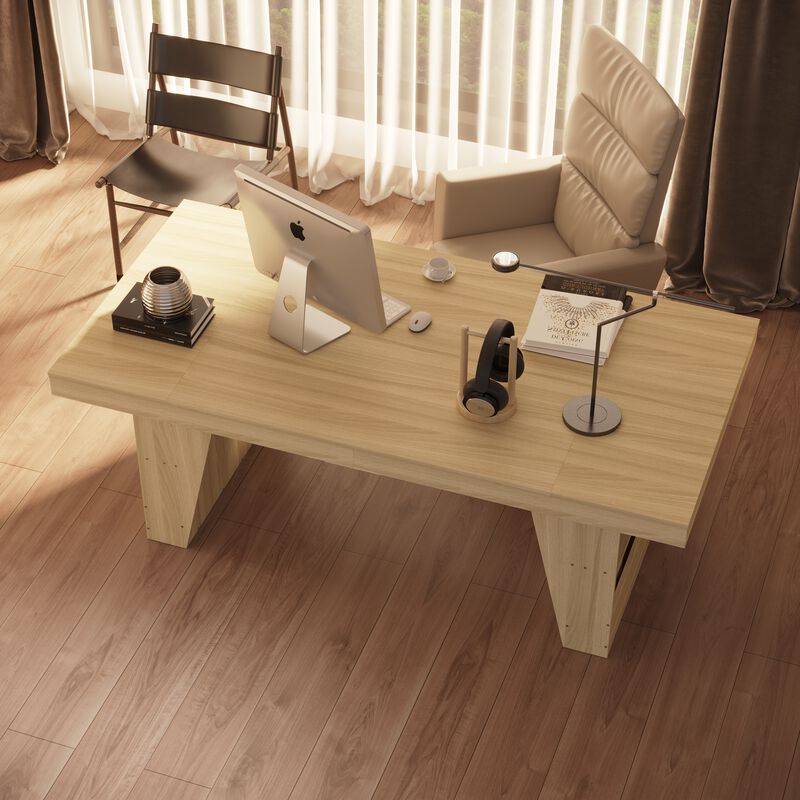 FUFU&GAGA Modern Wood Grain Office Desk with Storage Shelf, 2-Meter Length (78.7" W x 39.4" D x 29.6" H), Wood Grain Finish