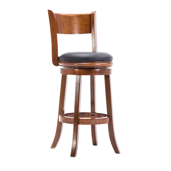 Pal 29 Inch Swivel Bar Stool, Solid Wood, Bonded Leather, Walnut Brown-Benzara