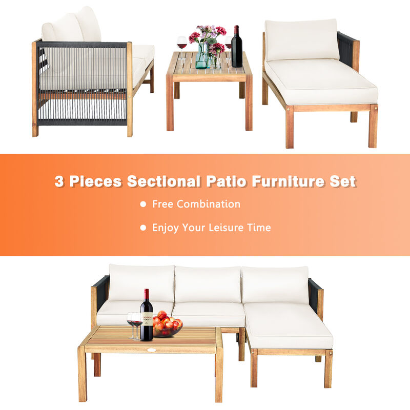 3 Pieces Patio Acacia Wood Sofa Conversation Sets with Nylon Rope Armrest