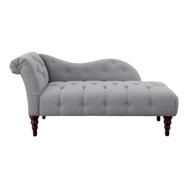 Selena 66 Inch Chaise Lounger, Tufted Gray Polyester, Brown Solid Wood - Benzara