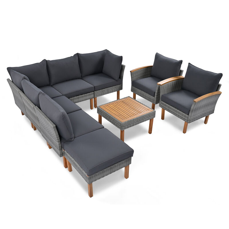 9-Piece Patio Rattan Furniture Set with Acacia Wood Legs