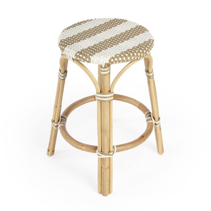 Butler Specialty Tobias Rattan Round 24 Counter Stool, Tan and White Stripe