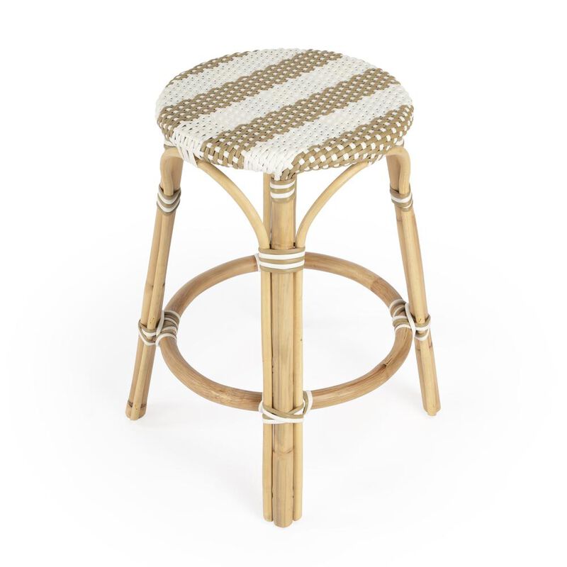 Butler Specialty Tobias Rattan Round 24 Counter Stool, Tan and White Stripe