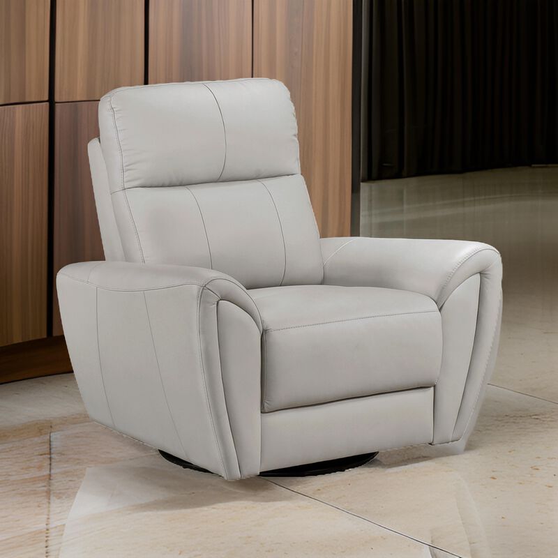Jessica 39 Inch Swivel Glider Chair, Gray, Top Grain Leather, Solid Wood - Benzara