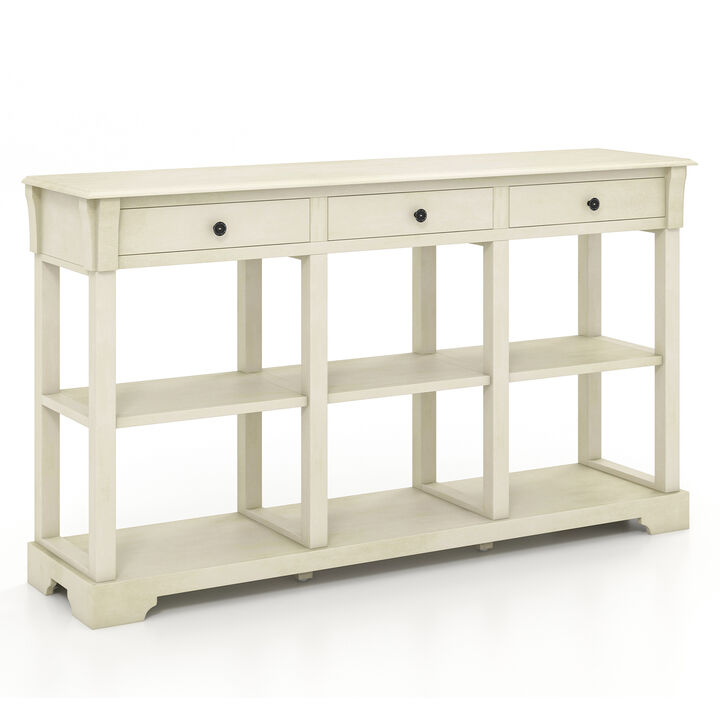 58" Retro Console Table with 3 Drawers and Open Shelves Rectangular Entryway Table