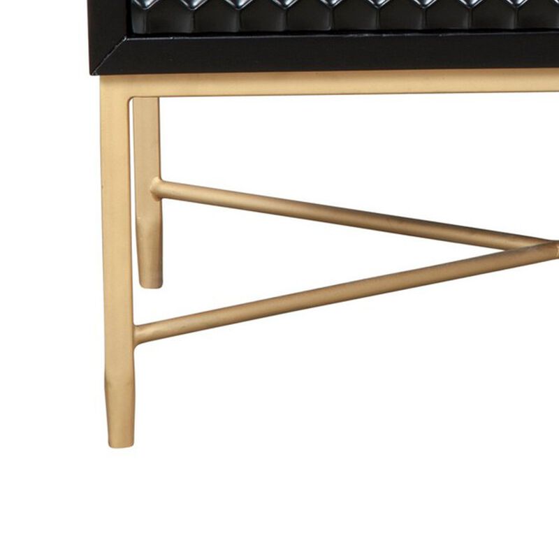 Rexi 26 Inch 2 Drawer Nightstand, Honeycomb, Mahogany Wood, Black, Gold-Benzara
