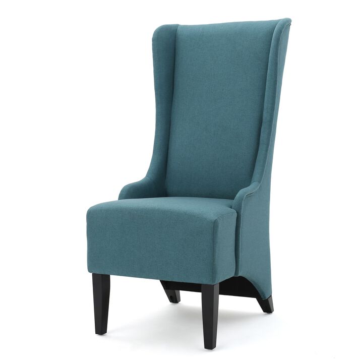 Becca Dining Chair, High Wingback Dark Brown Birch Wood, Teal Fabric  - Benzara