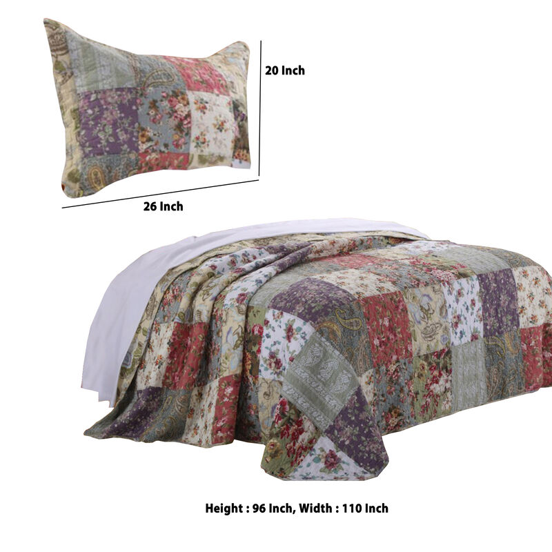 Chicago 3 Piece Fabric Full Bedspread Set with Jacobean Prints, Multicolor - Benzara
