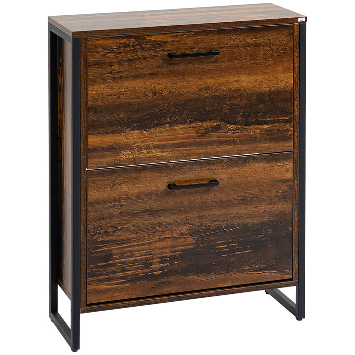 HOMCOM Industrial Shoe Cabinet with 2 Flip Drawers, Freestanding Shoe Storage Cabinet for 12 Pairs, Narrow Slim Shoe Rack for Entryway, Hallway, Rustic Brown