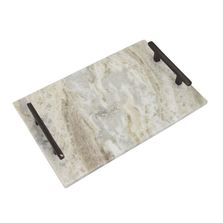 Entro Tray Set of 2, Rectangular Shape, 2 Gold Handles, White Finish Marble - Benzara