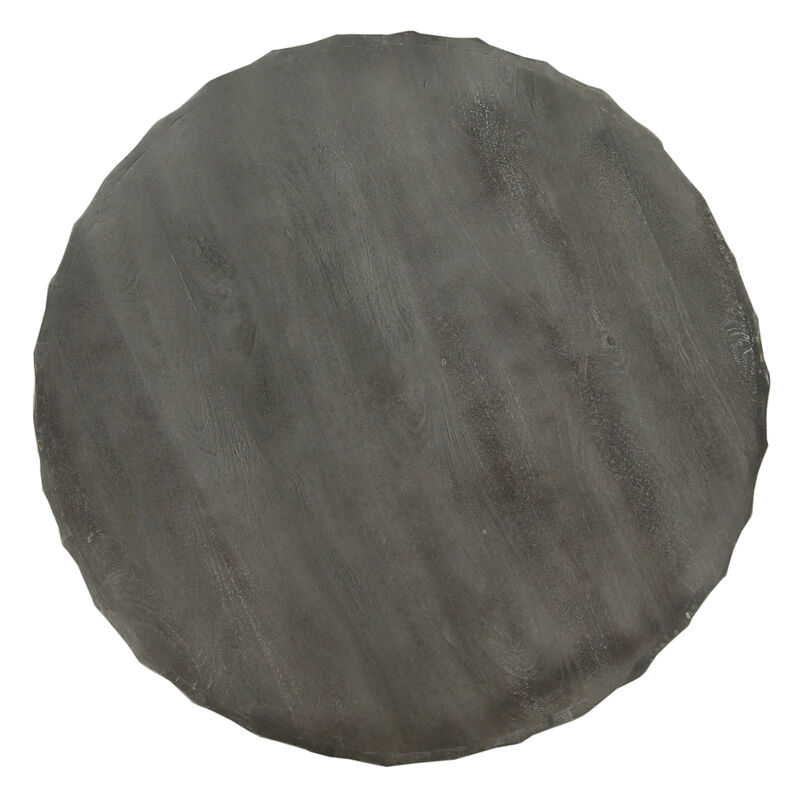 Val 34 Inch Handcrafted Mango Wood Coffee Table, Hammered Round Drum Shape, Honeycomb, Rustic Gray-Benzara