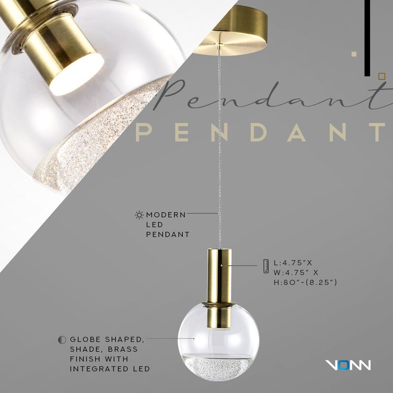 VONN Lighting Integrated LED Height Adjustable Pendant Light with Globe Shade, Brass