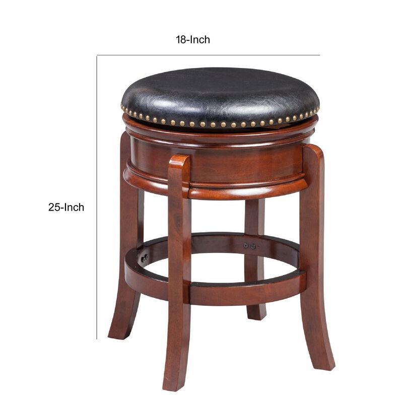 Sabi 24 inch Swivel Counter Stool, Solid Wood, Faux Leather, Brown, Black-Benzara