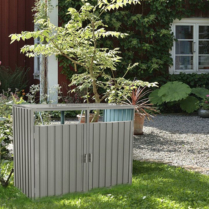 MONDAWE Garbage Bin Shed Stores 2 Trash Cans Metal Outdoor Bin Shed for Garbage Storage,Stainless Galvanized Steel, Bin Shed for Garden Yard Lawn
