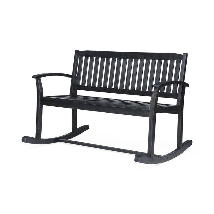 Outdoor Rocking Loveseat Bench, 50 Inch Gray Acacia Wood - Benzara