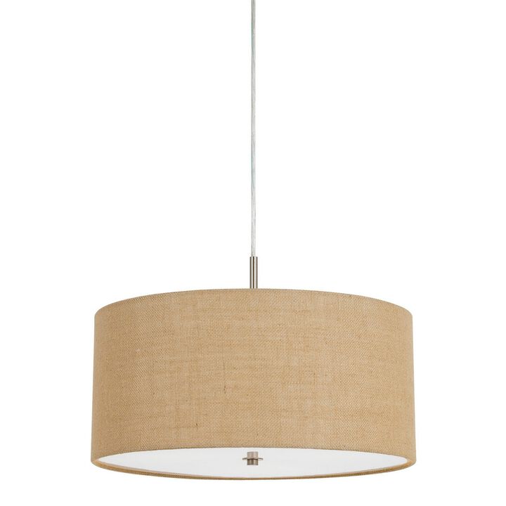 Metal Pendant Lighting with Fabric Circular Drum Shade and Cord, Beige - Benzara