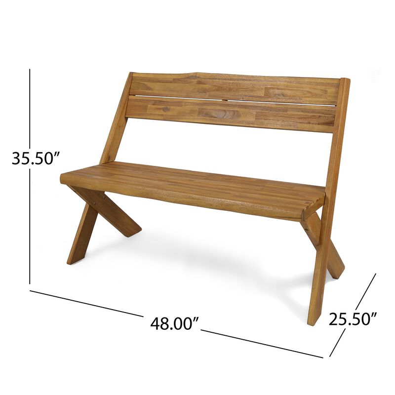 Outdoor Accent Bench, 48 Inch Classic Cross Design, Brown Acacia Wood -Benzara